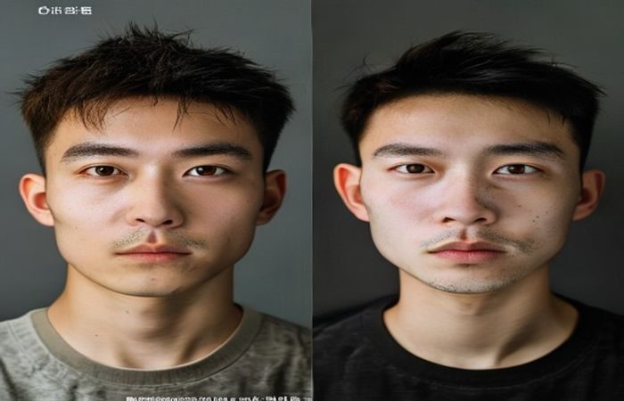 国产自拍前后对比图：左侧为未经处理的暗淡室内自拍，右侧为经过补光与后期调色的高质感成片，肤色通透背景虚化明显
