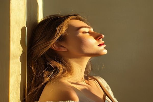 年轻女性在窗边自然光下进行国产自拍，侧面45度构图，金色午后阳光从左侧打亮面部轮廓，背景虚化呈现奶油色调