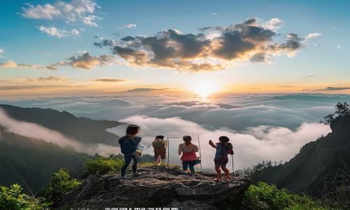 旅行场景中使用自拍杆进行国产自拍，黄山云海为背景，人物与壮阔自然景色完美融合，画面构图层次分明